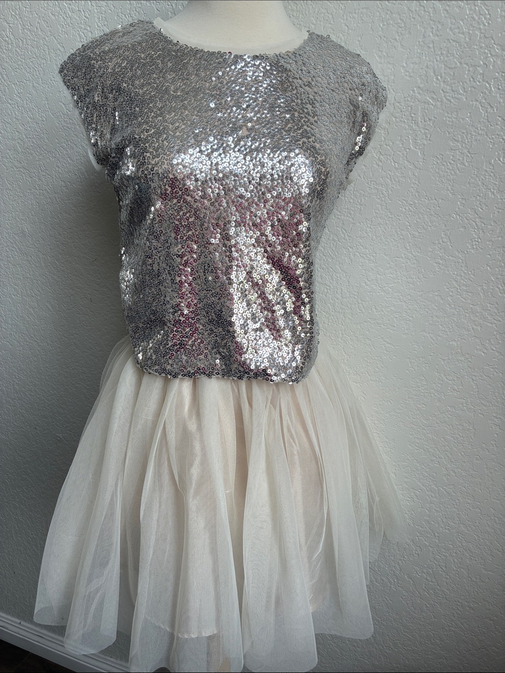 Girls Silver Sequin Top and Cream Tulle Skirt Matching Set